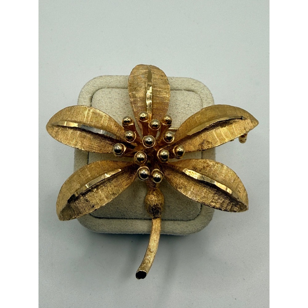 Vintage BSK Gold Tone Floral Orchid Brooch Textured Leaf Berry Pin Mid Century